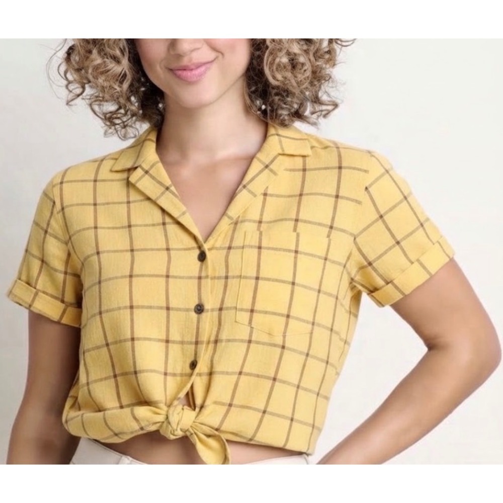 Toad&Co Camp Co Yellow Plaid Organic Cotton Short Sleeve Tie Front Top Small